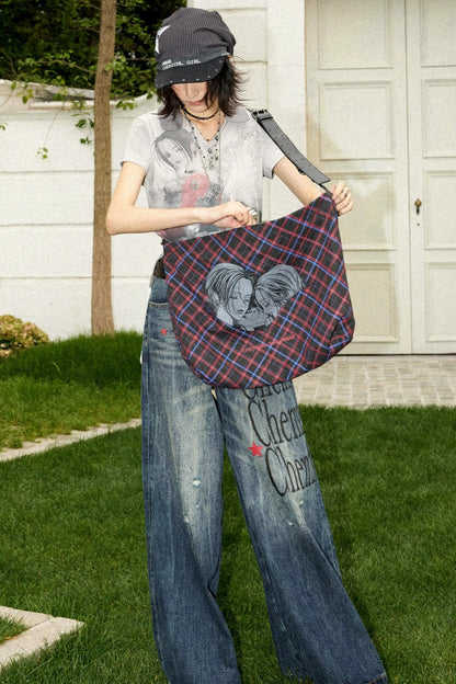 Retro Checkered Leather Canvas Bag