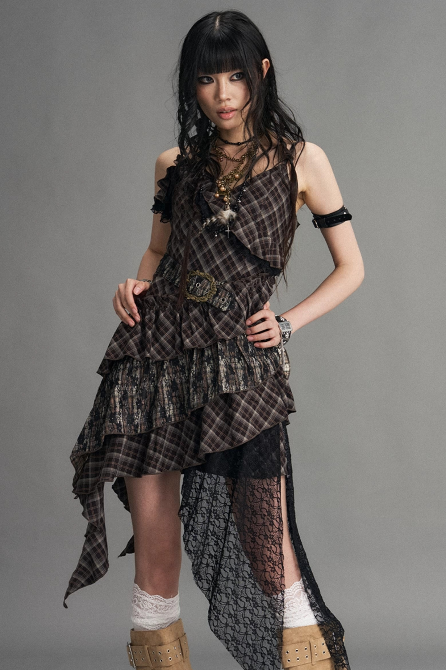Retro Irregular Plaid Dress