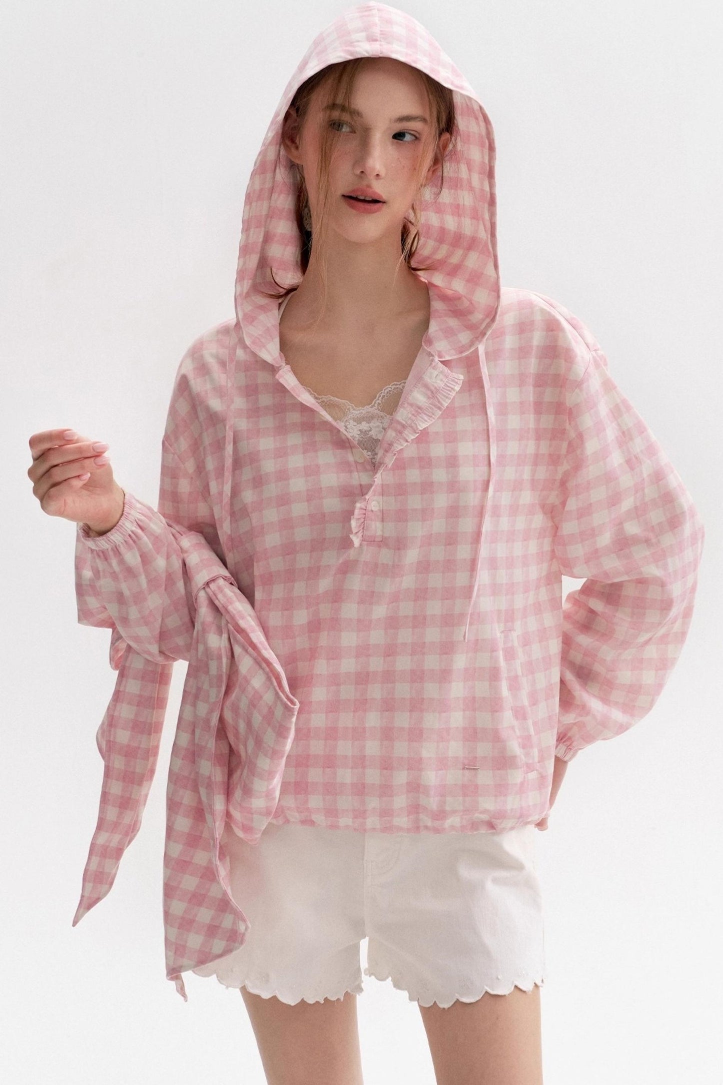 Cream Pink Plaid Lace Hooded Pullover Top