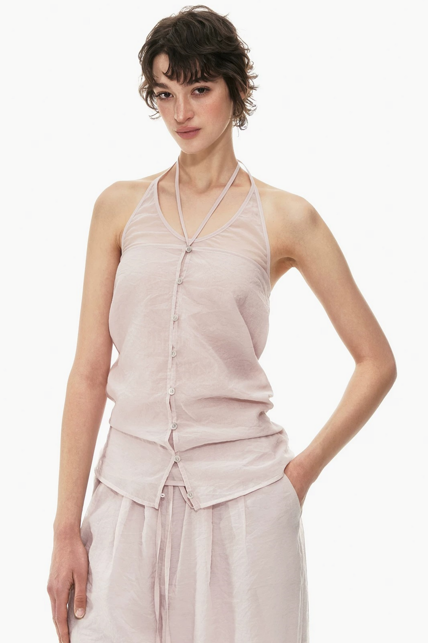 Pink Halter Neck Vest Set-Up