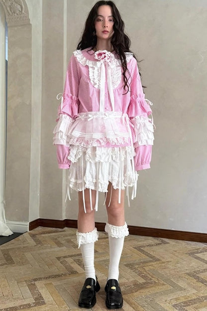 Pink-White Plaid Lace Shirt