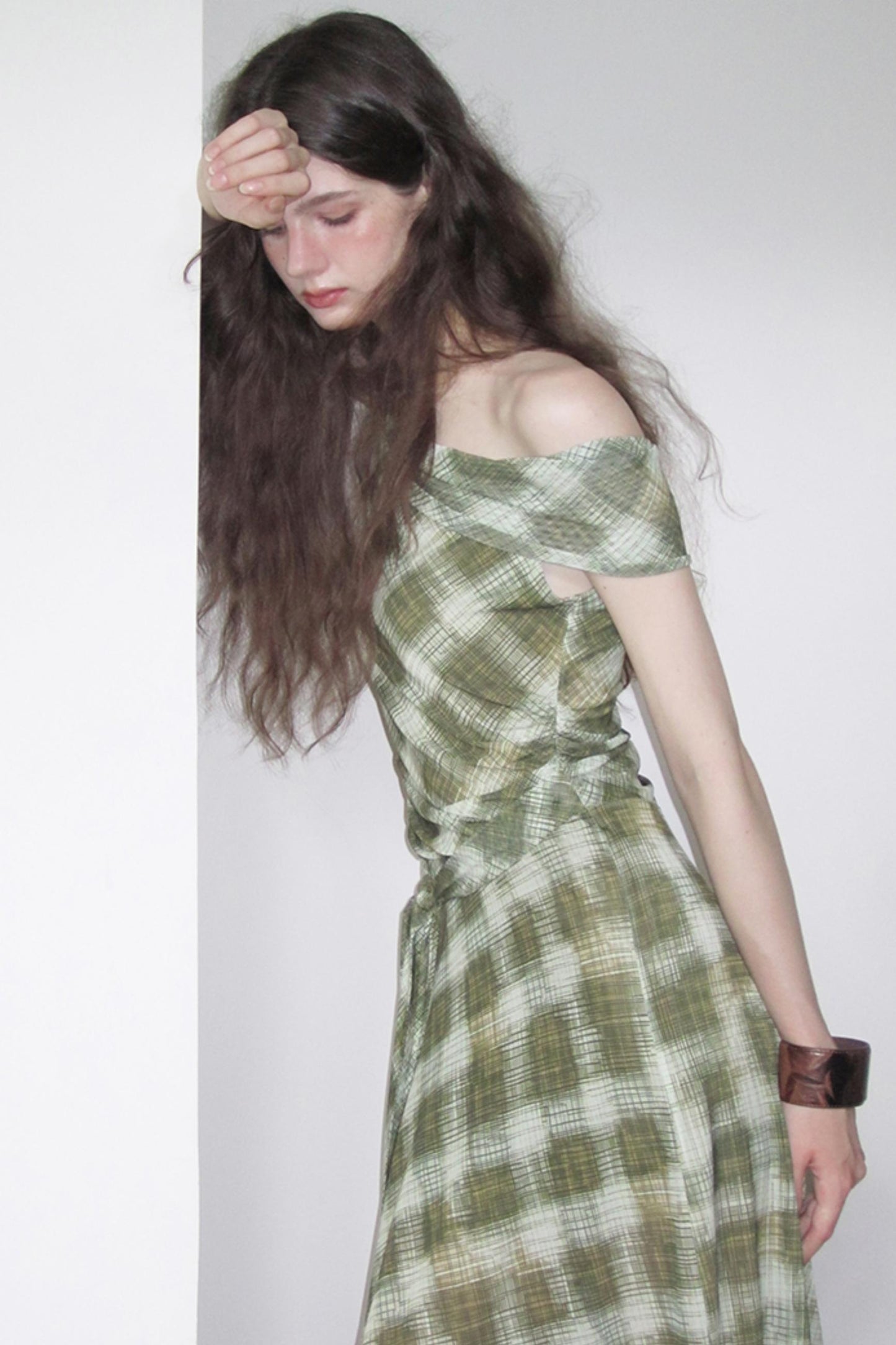 Mesh Check One-Shoulder Dress