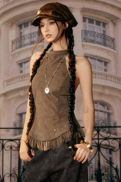 Vintage Faux Suede Tassel Camisole