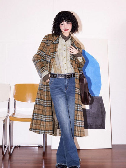 Loose long wool plaid coat