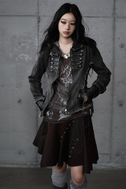 Distressed Denim Slim Fit Hooded Coat