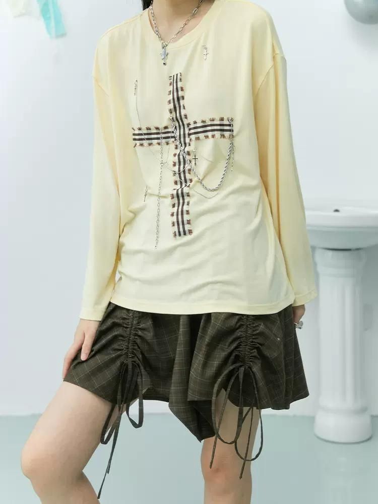 Embellished Drawstring Checkered Half Skirt