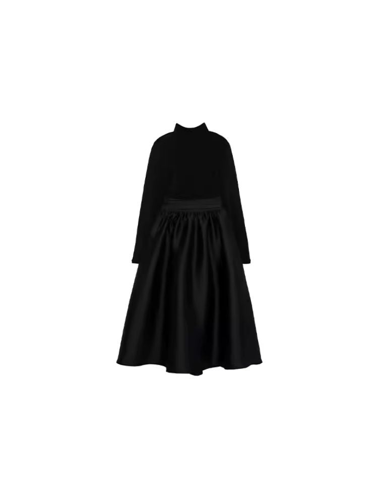 Knit Patchwork Satin Cocktail Black Maxi Dress