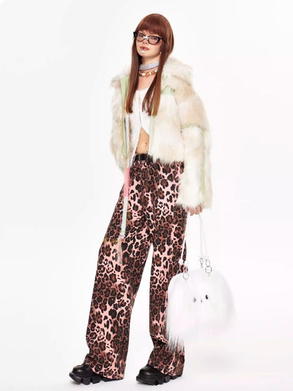 Pink leopard print wide leg pants