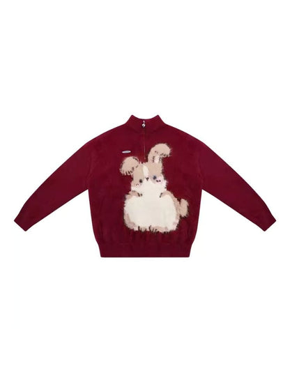 Half High Neck Plush Rabbit Red Sweater