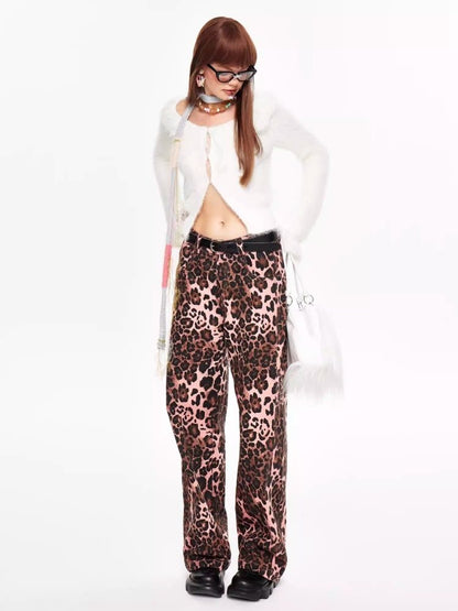 Pink leopard print wide leg pants