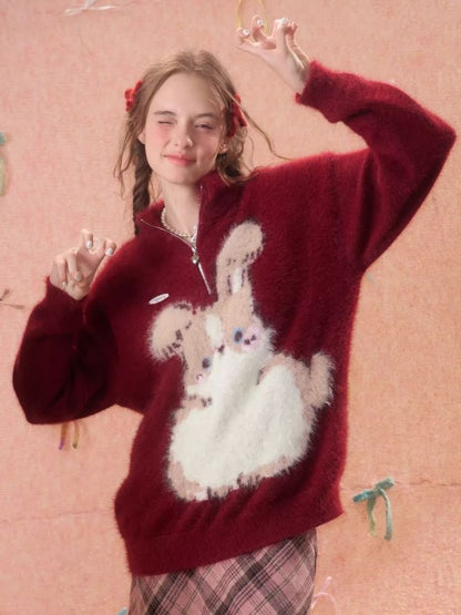 Half High Neck Plush Rabbit Red Sweater