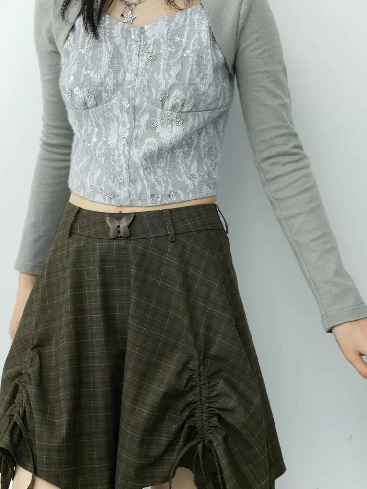 Embellished Drawstring Checkered Half Skirt