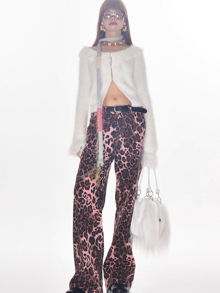 Pink leopard print wide leg pants