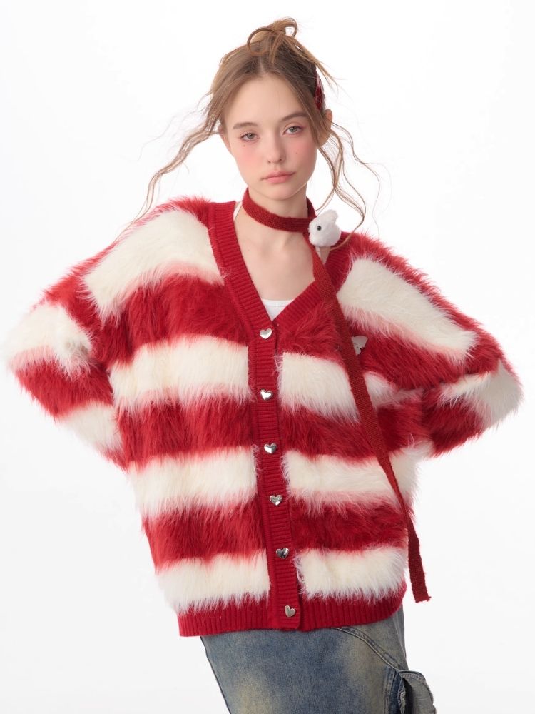 Sticky Chunky Red Striped Knit Sweater Cardigan