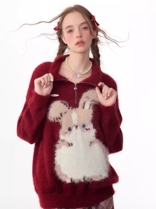 Half High Neck Plush Rabbit Red Sweater