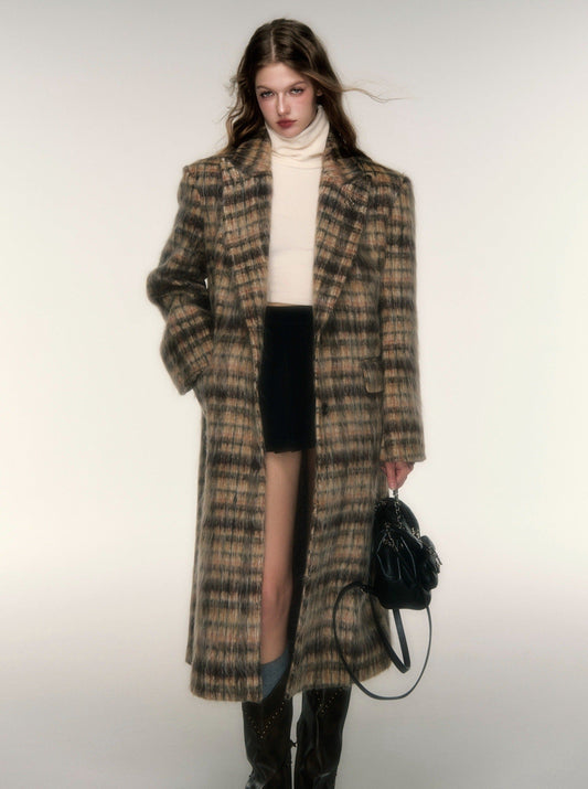 Vintage Long Check Wool Tweed Coat Jacket