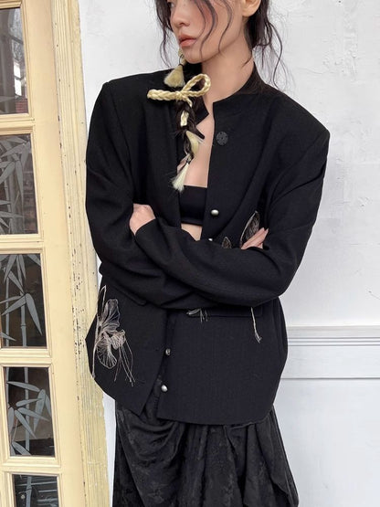 Fine Silk Thread Embroidery Black Suit Jacket