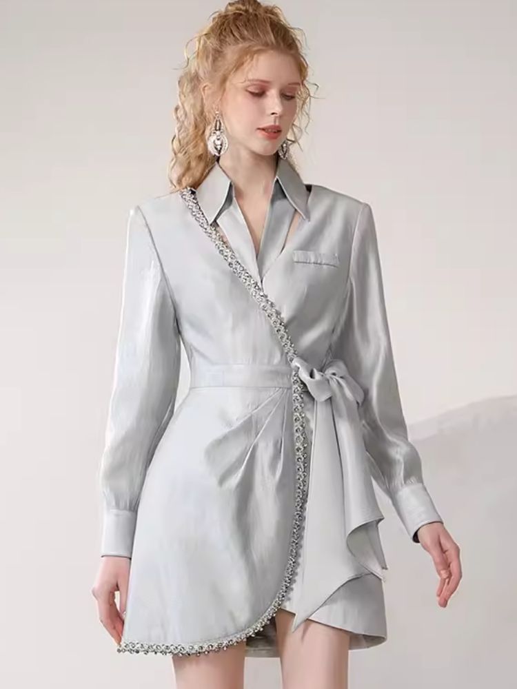 Silver Irregular Tied Shirt Dress