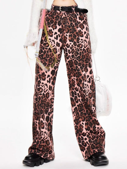 Pink leopard print wide leg pants