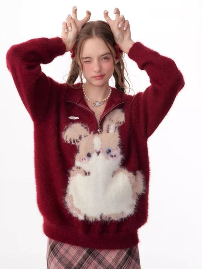 Half High Neck Plush Rabbit Red Sweater