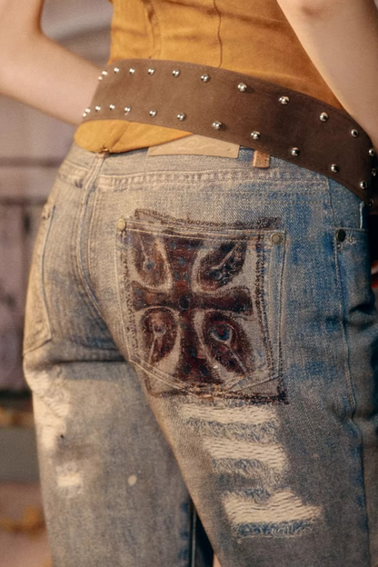 Vintage Pattern Flared Denim Pants