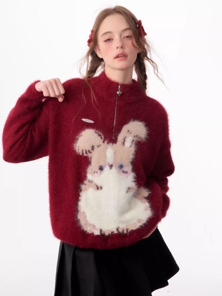 Half High Neck Plush Rabbit Red Sweater