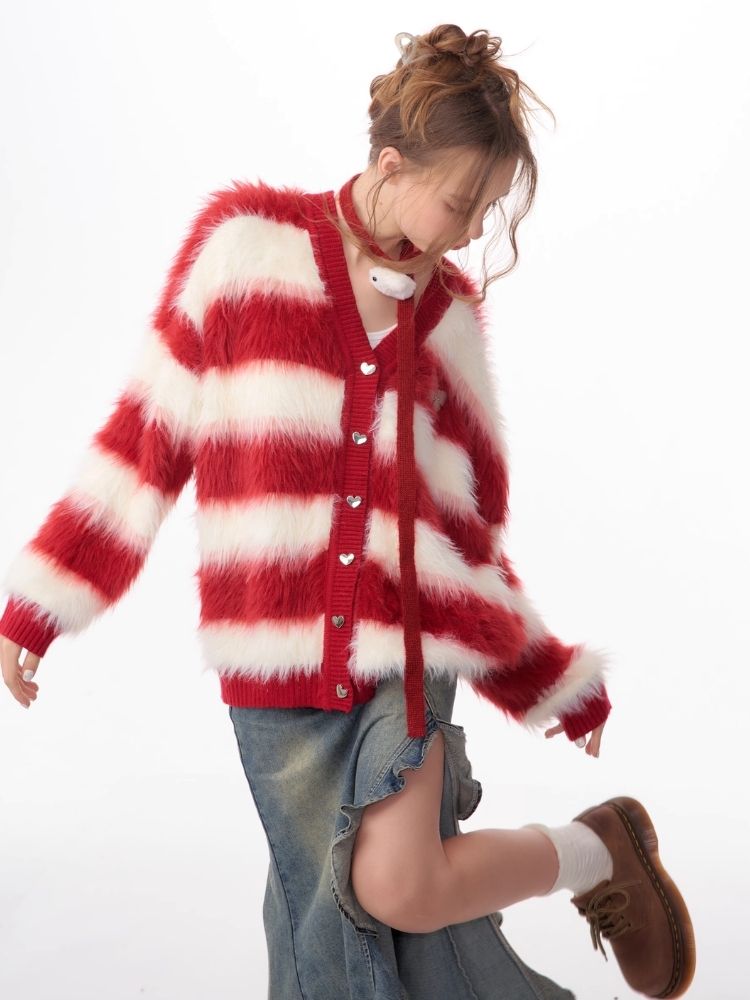 Sticky Chunky Red Striped Knit Sweater Cardigan