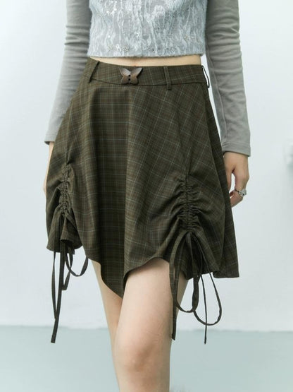 Embellished Drawstring Checkered Half Skirt