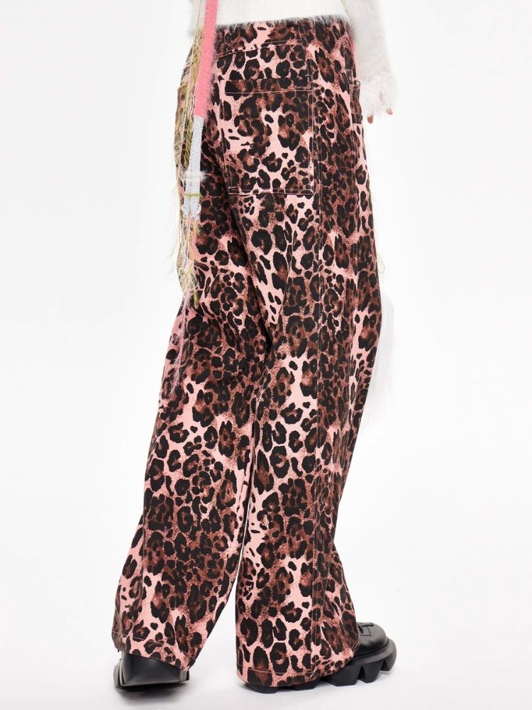 Pink leopard print wide leg pants