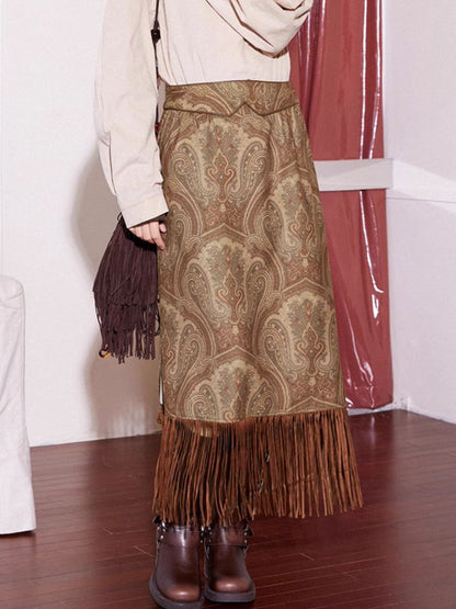 Red brown fringe skirt