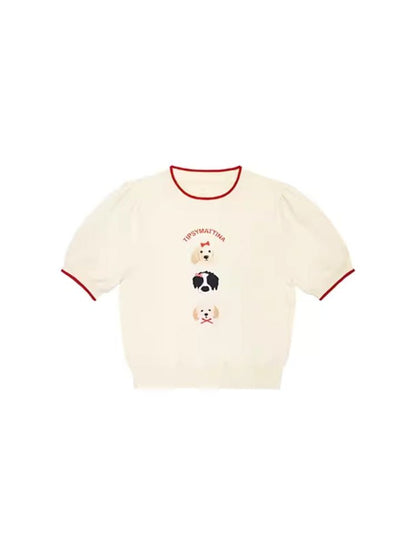 Puppy Embroidery Pullover Knit Short Sleeve