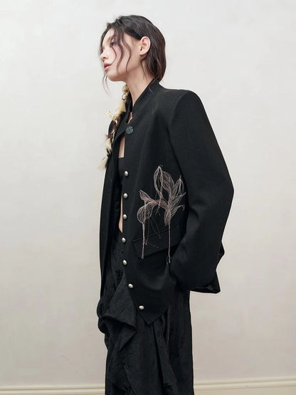 Fine Silk Thread Embroidery Black Suit Jacket