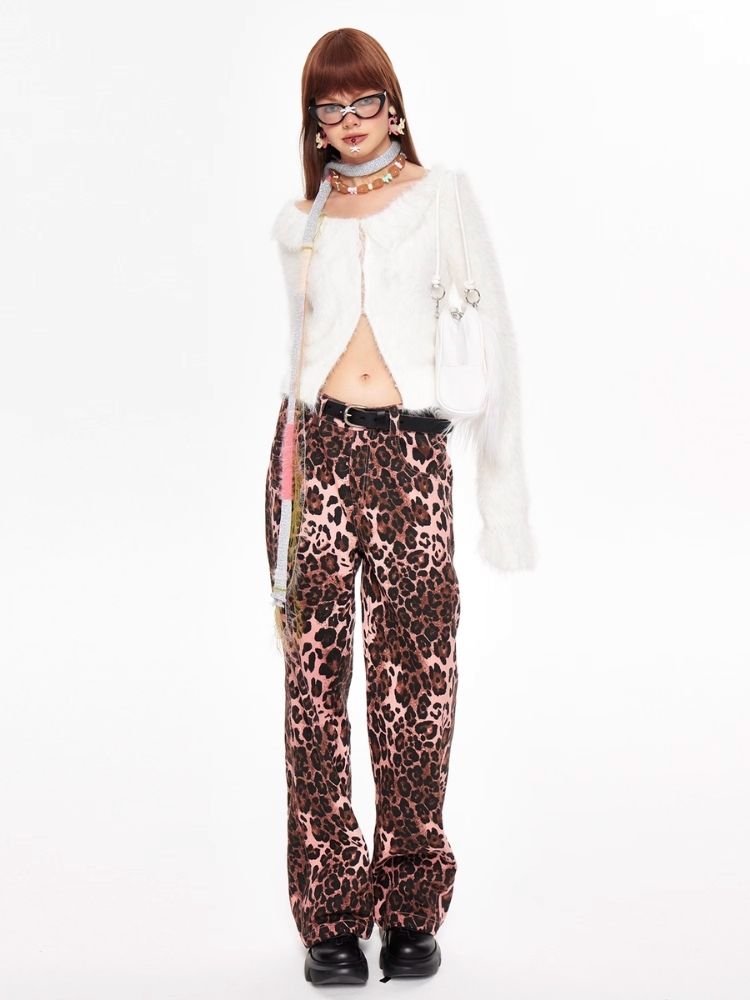 Pink leopard print wide leg pants