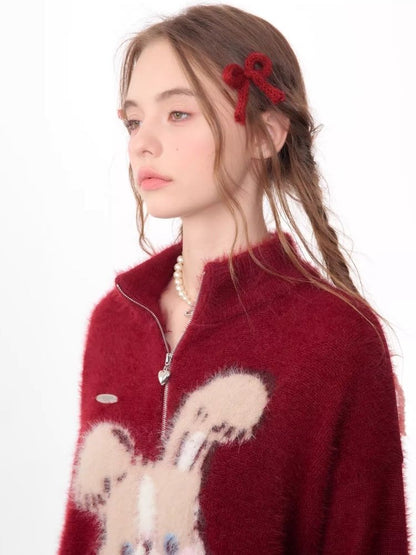 Half High Neck Plush Rabbit Red Sweater