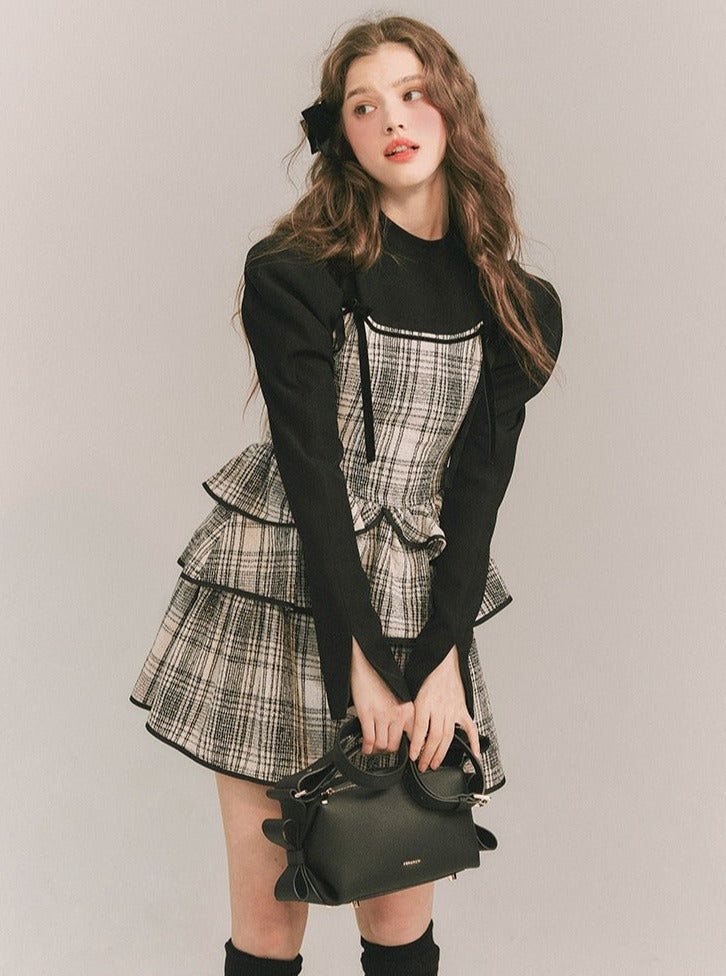 Plaid Cake Skirt Fake Two-piece Dress