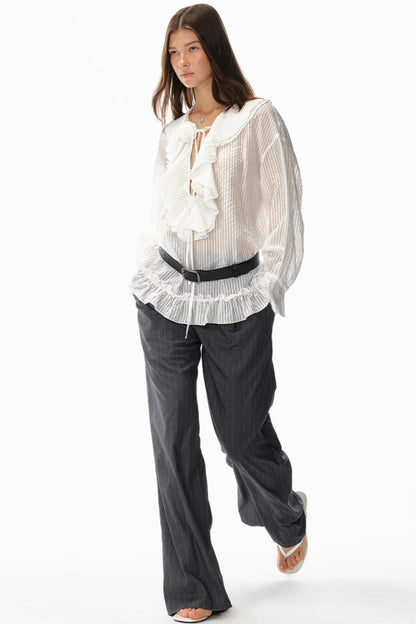 Ruffled V-Neck Striped Top