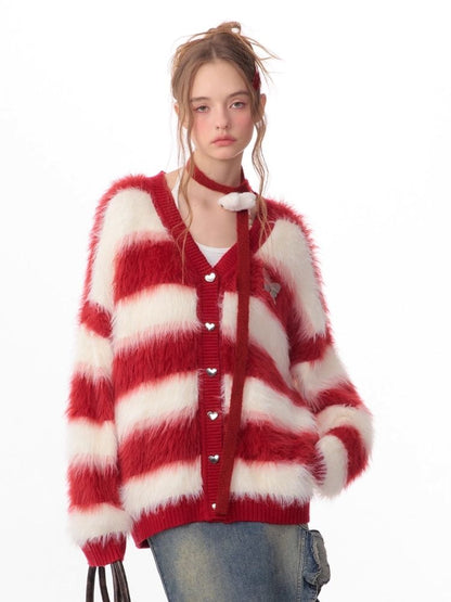 Sticky Chunky Red Striped Knit Sweater Cardigan