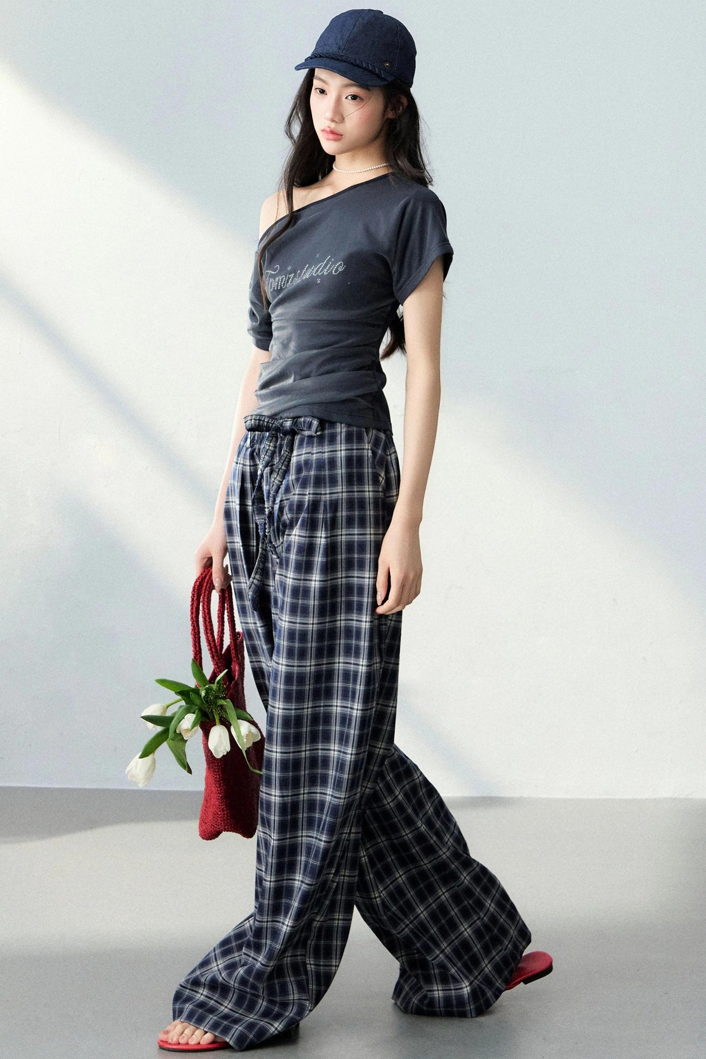 Asymmetrical Top and Plaid Pants Set-Up