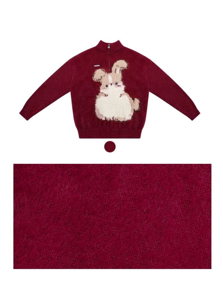 Half High Neck Plush Rabbit Red Sweater