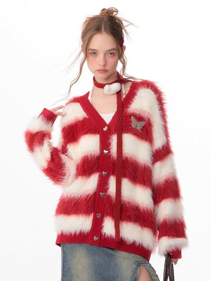 Sticky Chunky Red Striped Knit Sweater Cardigan