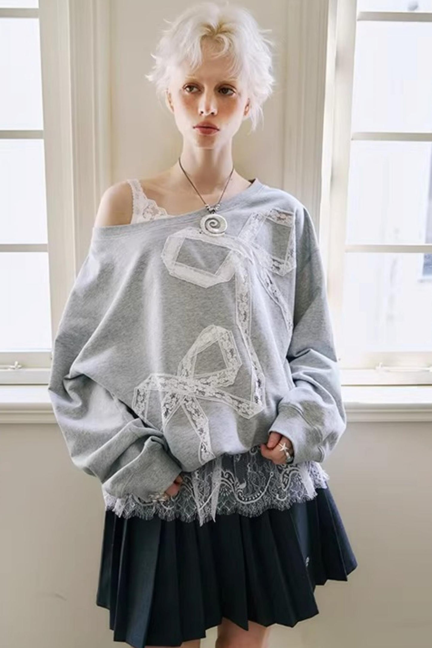 Lace-Up Collar Sweater Set-Up