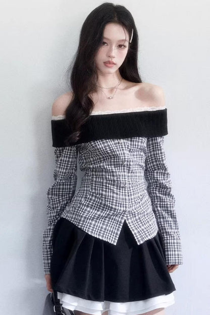 Plaid Off-Shoulder Slim Fit Shirt