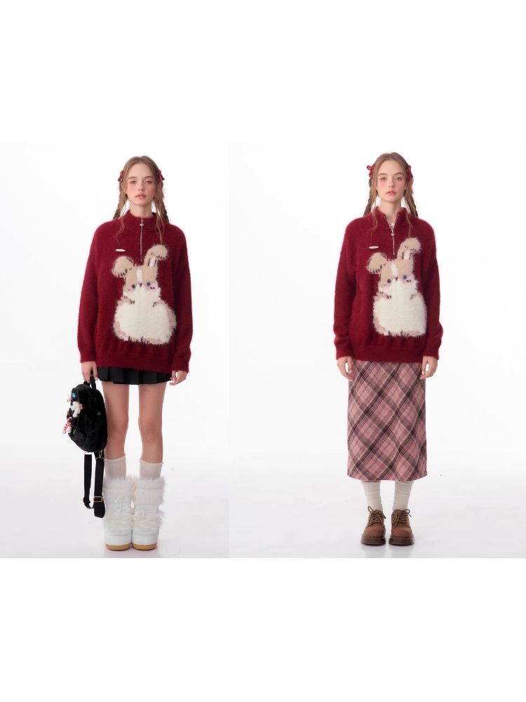 Half High Neck Plush Rabbit Red Sweater