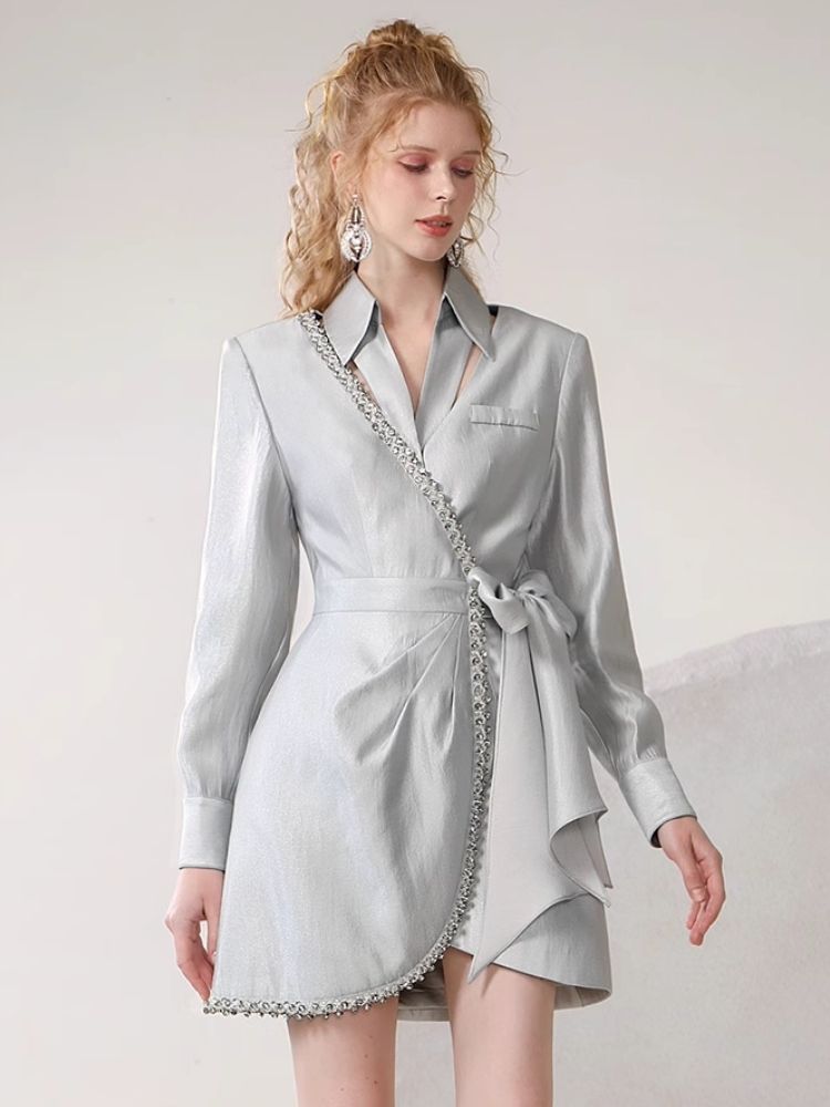 Silver Irregular Tied Shirt Dress