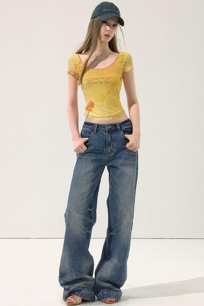 Retro Color-Block Embroidered Jeans