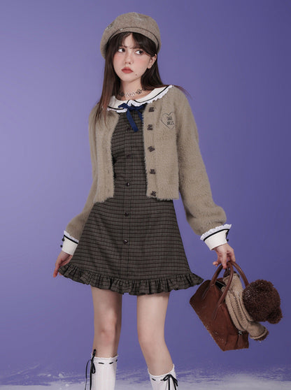 Checkered Doll Collar Long Sleeve Dress