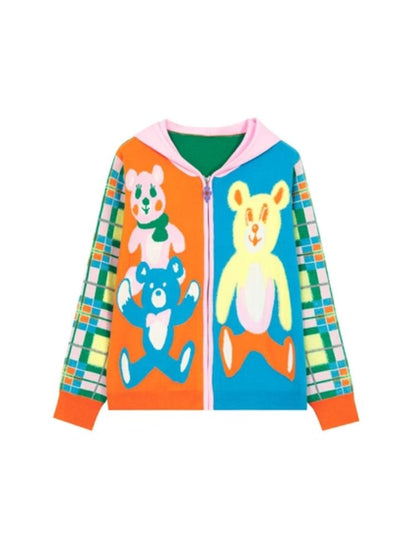 Knit Thin Cartoon Bear Plaid Sweater