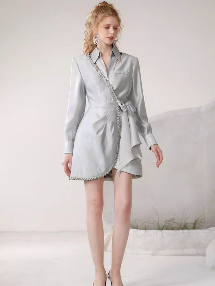 Silver Irregular Tied Shirt Dress