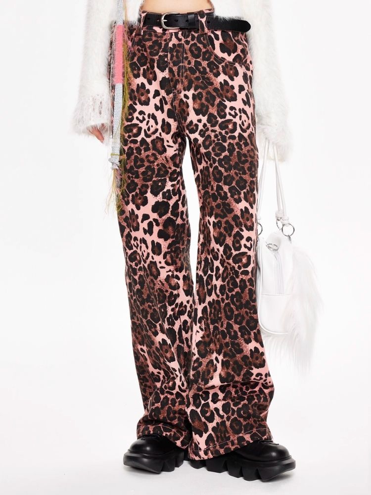 Pink leopard print wide leg pants