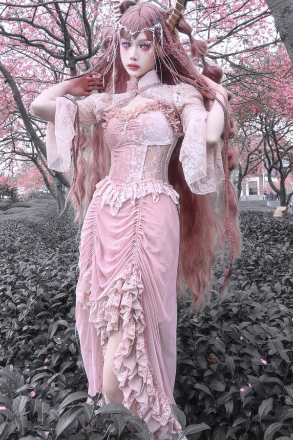 Gothic Velvet Pink Lace Slip Dress